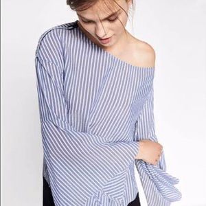NWT Zara TRF Long Sleeve Azure White Stripe Blouse